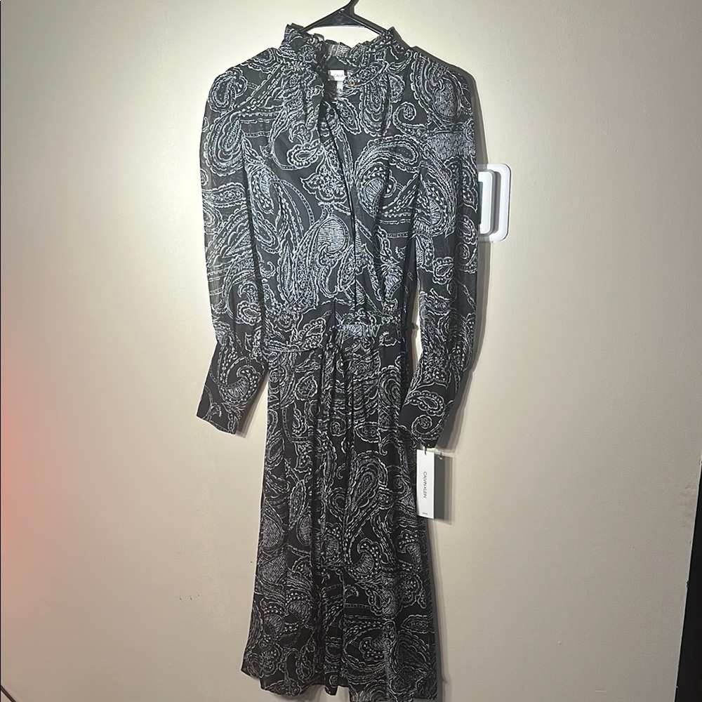 Calvin Klein Black and White Paisley Midi Dress